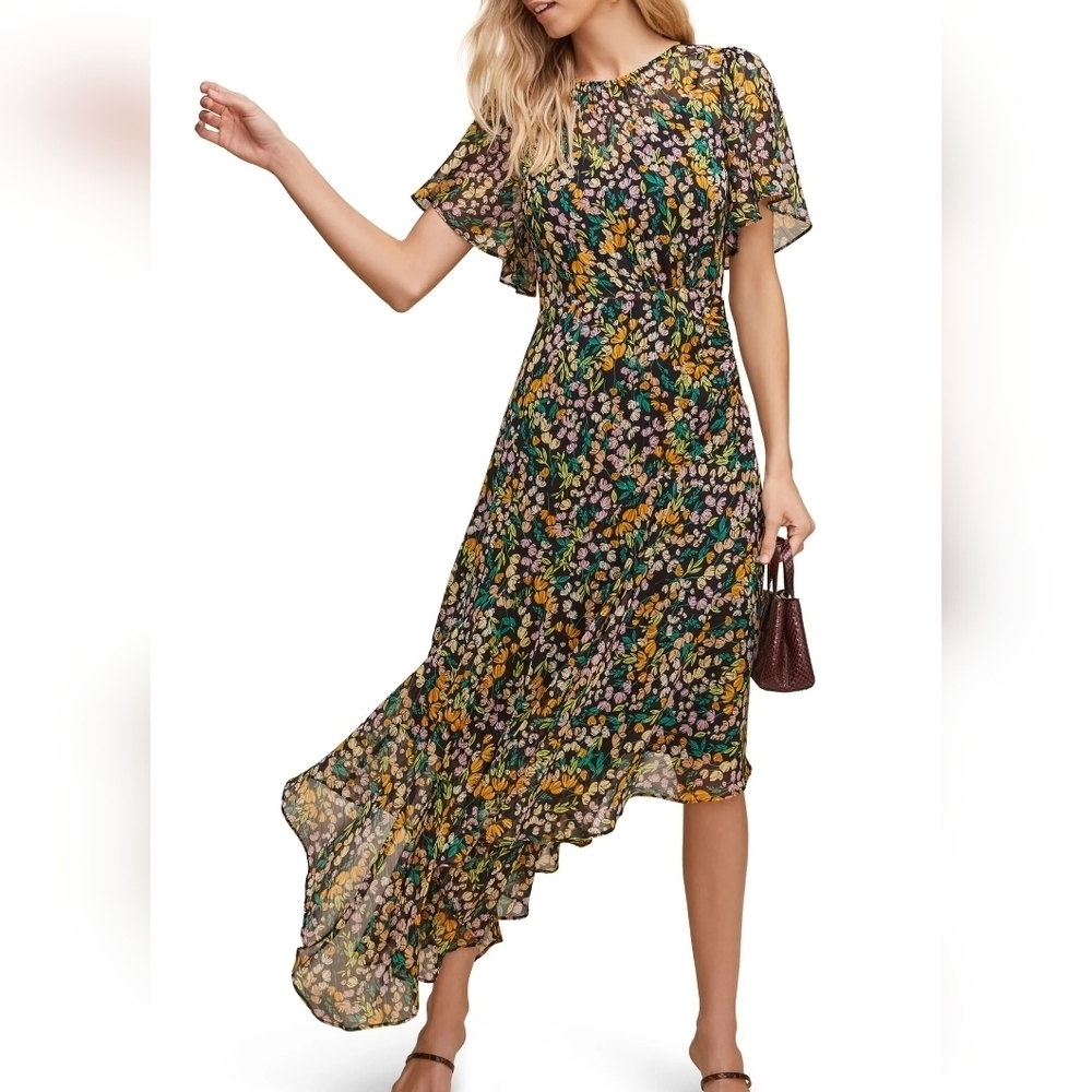 Astr Floral Asymmetrical Midi Dress in Black with Gold, Green & Pink Accents